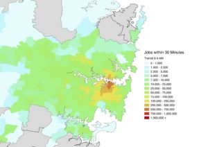 Accessibility by public transport to jobs in Sydney, jobs within 30 minutes.